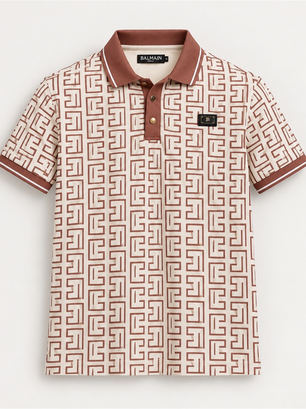 Balmain Brown Geometric Logo Polo with Cream Base
